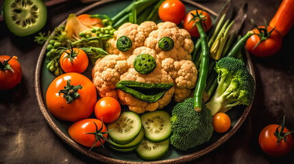 A plate of vegetables arranged to look like a funny face. AI Generated