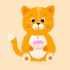 Cute little cartoon red cat with a birthday cake. Animal character for a greeting card, invitation. Vector illustration
