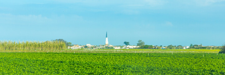 Black and white bell tower of Sainte-Etienne church in Ars-en-Ré, France seen from the countryside