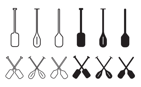 Crossed boat paddles vector icon set. Water oars icon. Kayak or canoe paddles silhouette symbol.