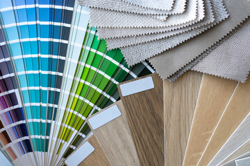 Color scheme palette guide catalog with colour swatches, wooden flooring and furniture material...