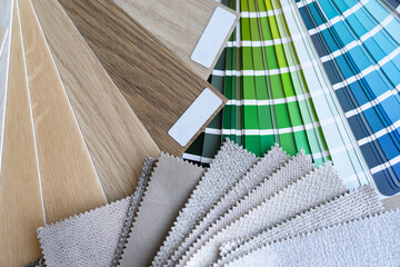 Color scheme palette guide catalog with colour swatches, wooden flooring and furniture material...