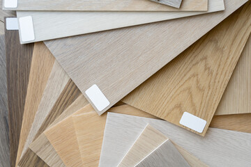 Wooden flooring samples. Architect or interior designer flat lay composition. Try before buy...