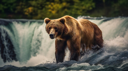 Plakat Brown bear catches salmon at waterfall. Ai Generated