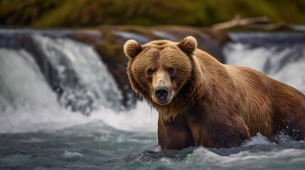 Naklejka na ściany i meble Brown bear catches salmon at waterfall. Ai Generated