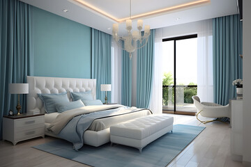 Contemporary bedroom interior in white and blue color concept