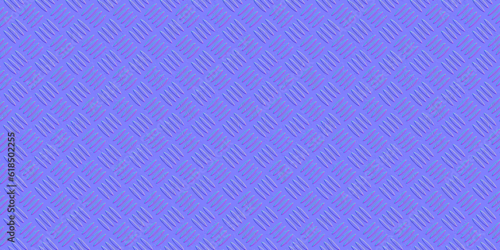Fototapete seamless scratched and worn grungy diamond embossed metal floor plate normal map background texture.