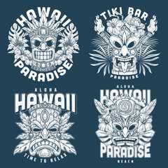 Hawaiian masks monochrome set stickers