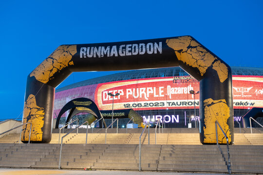 Runmageddon logo sign outside Tauron Arena Krak&oacute;w hall, sports and entertainment venue. Extreme run with obstacles course. Competition signboard with logotype on May 13, 2023 in Krakow, Poland.