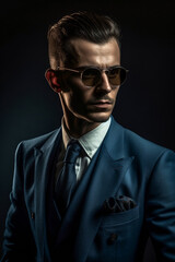 Fototapeta premium Fashionable male model in a trendy suit and sunglasses. AI Generated..