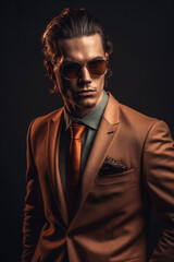 Obraz premium Fashionable male model in a trendy suit and sunglasses. AI Generated..