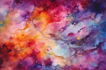 Naklejka na ściany i meble Colorful purple and yellow red watercolor space background. View of universe with copy space. Nebula illustration.