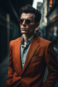 Fashionable male model in a trendy suit and sunglasses. AI Generated..