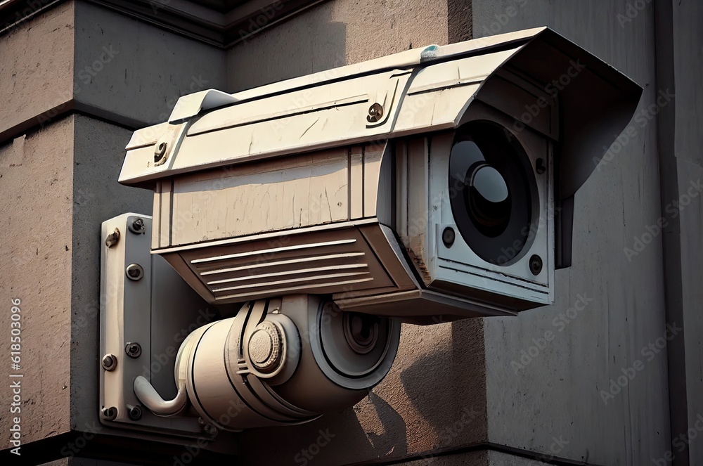 Poster security camera crowd control background generative ai