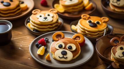 Obraz premium Fun and Festive Pancakes Shaped like Animals and Topped with Fresh Fruit . AI Generated