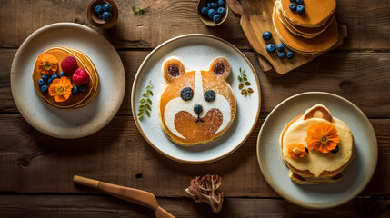 Obraz na płótnie Canvas Fun and Festive Pancakes Shaped like Animals and Topped with Fresh Fruit . AI Generated