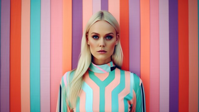 Young female model posing with trendy fashion outfit and colorful pastel mood optical art abstract background. Picturesque generative AI