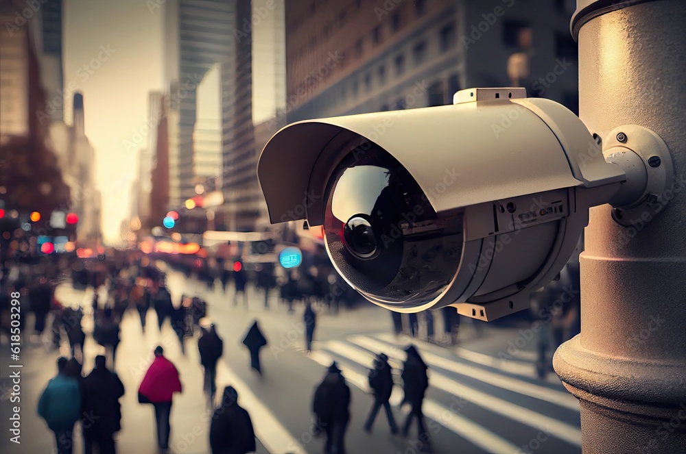 Poster surveillance camera crowd control background generative ai