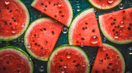 Juicy Watermelon Background with Sparkling Water Drops. Top Down Shot. Generative AI
