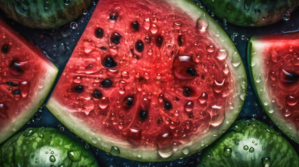 Juicy Watermelon Background with Sparkling Water Drops. Top Down Shot. Generative AI