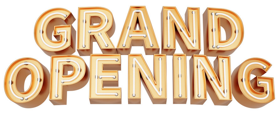Golden 3d text with glowing neon tube. typography. 3D illustration. GRAND OPENING.