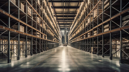 Fototapeta na wymiar The Imposing Interior of a Massive Warehouse. Generative AI