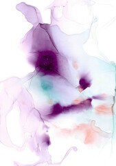 Violet smoke with emerald pink spots. Abstract wallpaper in fluid art technique for cool modern design. Colorful translucent ink cloud. Exotic delicate floral background for relax and mental health.