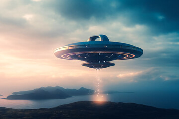 Naklejka na ściany i meble Mysterious UFO sighting over the distant horizon during a cloudy dusk. Generative AI