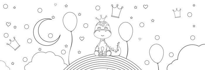 Happy dinosaur sitting on a rainbow, children's coloring page. © Yuliia