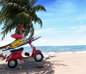 Foto auf Acrylglas Scooter Red scooter with luggage and pink flamingo on beautiful sand beach under the palm tree. 3D Rendering, 3D Illustration