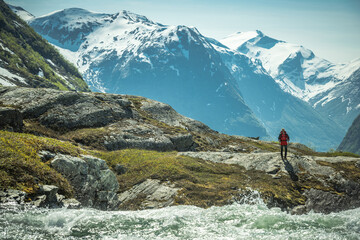 Caucasian Hiker on a Scenic Norwegian Trail near Stryn