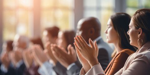 Group of people applauding together in business meeting