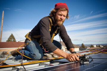 solar energy installer expert on a roof installing solar panels