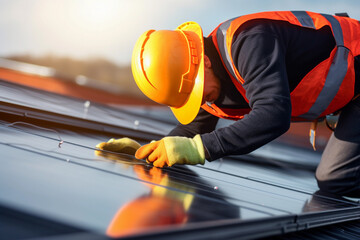 solar energy installer expert on a roof installing solar panels