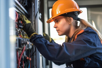 Commercial electrician working on a fuse box, adorned with safety equipment,