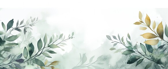 abstract Autumn foliage banner background, branch, twigs and berries, grey green color, Generative Ai