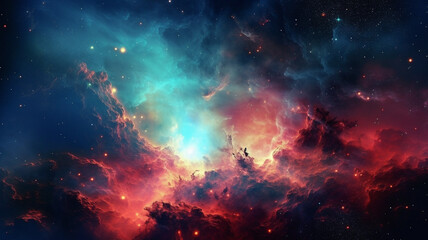 Naklejka premium Nebula, solar system and dust cloud in dark sky of astrology, universe and galaxy cosmos for science research. Ai generated, color and space flare with supernova, explosion and cosmic gas background