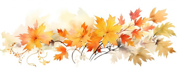 abstract Autumn foliage banner background, branch, twigs and berries, orange yellow color, Generative Ai