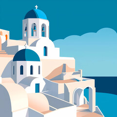 Illustration of a beautiful view of a greek village, Greece - obrazy, fototapety, plakaty