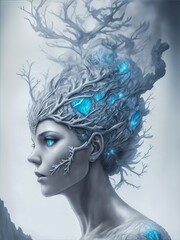 Woman Frozen in Thoughts, Fighting Anxiety. Frozen Queen. Woman Inner Strength