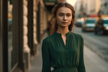 Fototapeta premium young beautiful caucasian woman in green dress walking in city center. AI Generated