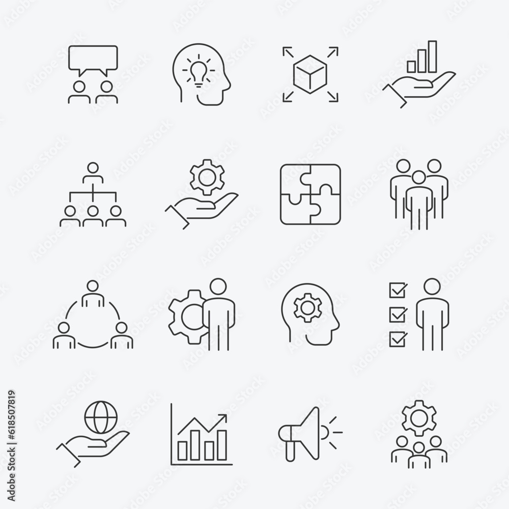 Poster vector set of linear icons related to business process, team work and human resource management.