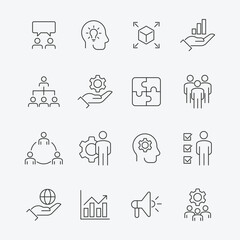 Fototapeta premium Vector set of linear icons related to business process, team work and human resource management.