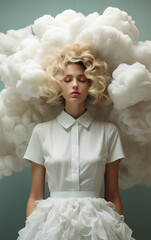 Fashion model posing surrounded by clouds, dreamy and surreal image