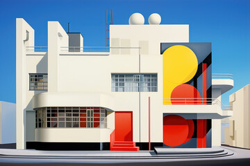 Bauhaus house exterior, illustration. Architecture in retro style