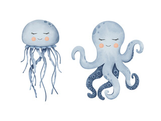 Set of cute baby blue Octopus and JellyFish on isolated background. Undersea cartoon medusa and sea poulpe, devilfish with tentacles. Underwater Animal. Hand drawn watercolor illustration of sea life