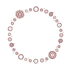 Wreath consisting of an isolated watercolor set of primitive caveman drawings of the moon, stars, earth, galaxies, spirals and other patterns on a white background