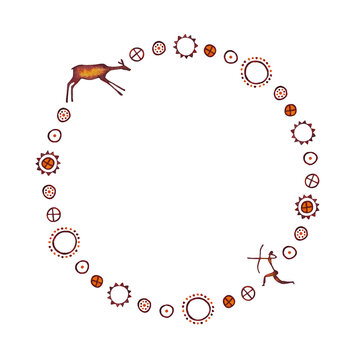 Wreath composed of isolated watercolor set of cave drawings of hunting people with bows and arrows, primitive drawings of the sun, spirals on a white background