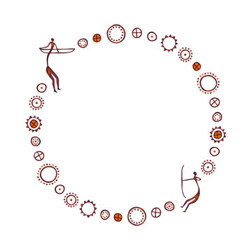 Wreath composed of isolated watercolor set of cave drawings of hunting people with bows and arrows, primitive drawings of the sun, spirals on a white background