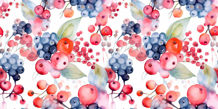Watercolor seamless pattern with wild berries and currants, twigs and leaves. Floral drawn background for design, fabric, paper, wallpaper, packaging. Generative AI